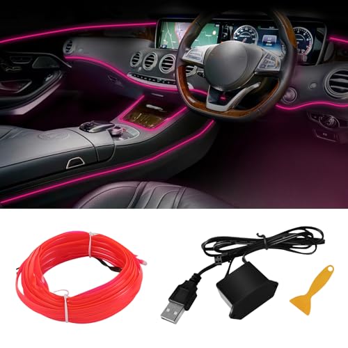 Hbxdeco EL Wire Interior Car LED Strip Lights, 16.4FT RGB USB Neon Automotive Light Strip, Electroluminescent Vehicle Ambient Lighting Kit, Interior Decoration Car Accessories (Pink)