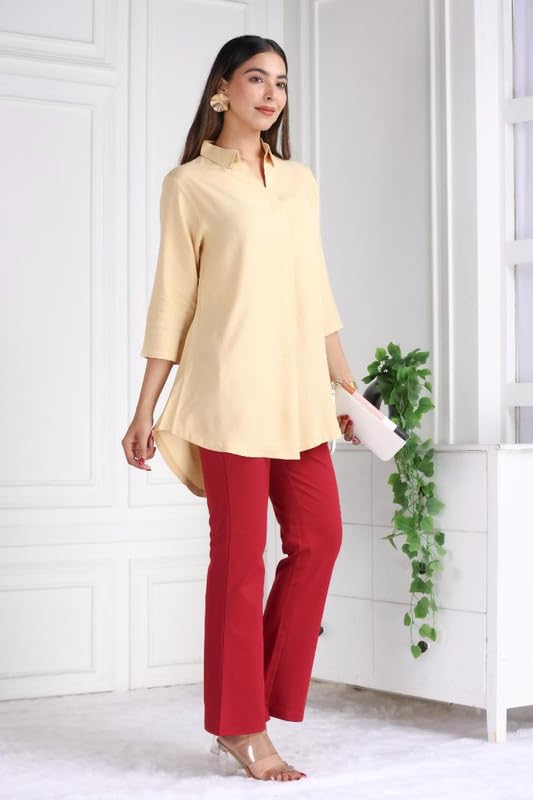 Image of Mlada Rayon Flare Top for Women | 3 /4th Sleeve Regular Fit and Flare Top | Women Office Tops Tunic | Western Long Shirt Top for Women | Shirt Collar Top for Women | Rayon Tunic Tops for Women Western
