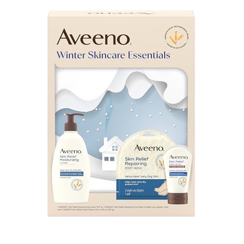 Aveeno Winter Skincare Essential Gift Set with Skin Relief Moisturizing Lotion, Skin Relief Repairing Foot Mask, & Skin Relief Hand Cream for Nourishing Dry Winter Skin Care, 3 items