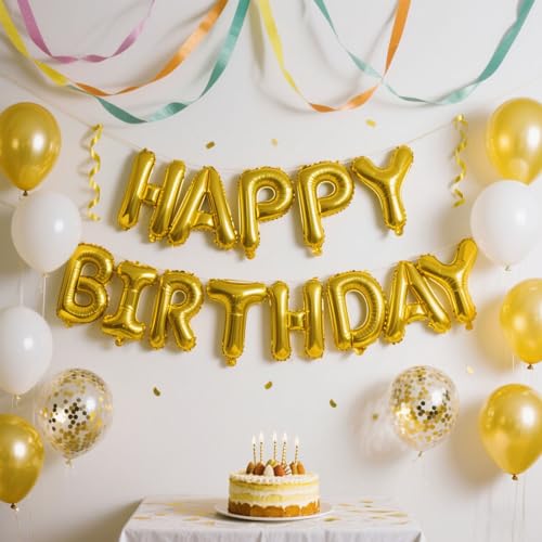 Image of Gold Happy Birthday Balloon Banner Set -16 Inch Foil Letters Balloons, Reusable Birthday Decorations and Party Supplies, Suitable for Men and Women's Birthday Decorations,Party Backdrop