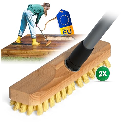 Novaliv Lote de 2 brochas limpiaparabrisas de madera con cerdas de plástico con rosca y vástago telescópico Cepillo de suelo PPN Ideal para la limpieza del balcón, terraza, jardín, interior y exterior