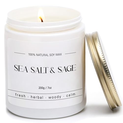 Sea Salt & Sage Candle - Summer Scented Soy Candles for Home - Coastal Decor for Beach Lovers, 7oz Soy Wax, 40 Hour Burn Time, Beach, Living Room, Bathroom
