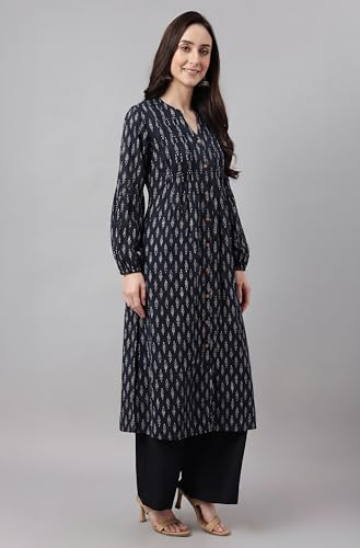 Image of Janasya Women's Pure Cotton Floral Printed A-line Kurta