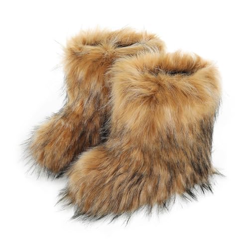Women's Faux Fur Boots Furry Snow Boots Fuzzy Winter Shoes Fluffy Mid-Calf Flat Boots