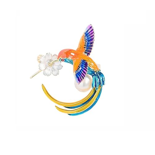14K Gold Chinese Style Kingfisher Brooch, Hand-Painted Enamel & Moissanite