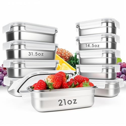 10PCS 304 Stainless Steel Food Storage Containers with Airtight Leakproof Lids, Stackable Bento...