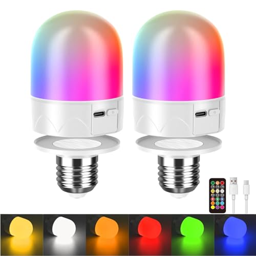HARPER LIVING Bombillas LED recargables por USB con control remoto, tornillo E27 y magnético, regulables, 9 colores, bombillas RGB, 3000 mAh, funciona con pilas, luz nocturna, 3 temporizadores/memoria