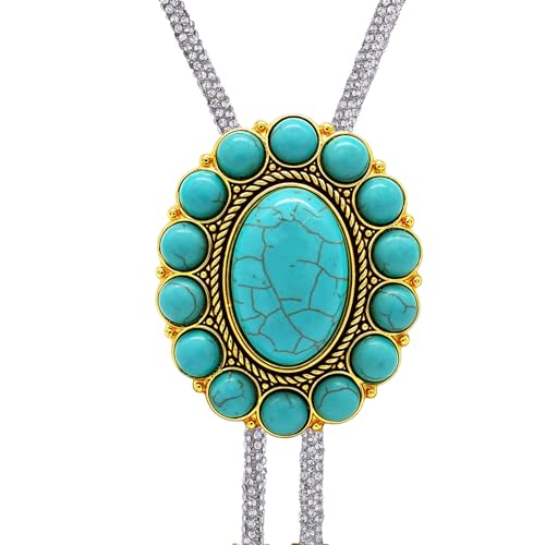 Image of GelConnie Bolo Tie for Men Women Western Cowboy Turquoise Leather Necktie | Natural Stone Bolo Tie Necklace for Women Rodeo Cowboy Leather Necktie Native American Western Cowgirl Ties Adjustable Cord