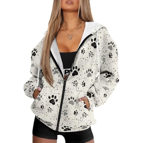 Suhoaziia Kapuzenpullover mit Reißverschluss in Übergröße für Damen, langärmelige Sweatshirt-Jacken, Herbst/Winter-Outfits, modische Kleidung, Mantel, Hundepfoten, M