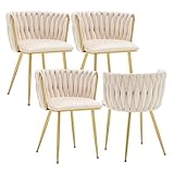 Kiztir Velvet Dining Chairs Set of 4 Upholstered Modern Dining Room Chairs with Woven Back and Gold Metal Legs for Living Room, Bedroom, Kitchen (Beige)