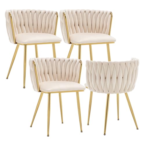 Kiztir Velvet Dining Chairs Set of 4 Upholstered Modern Dining Room Chairs with Woven Back and Gold...