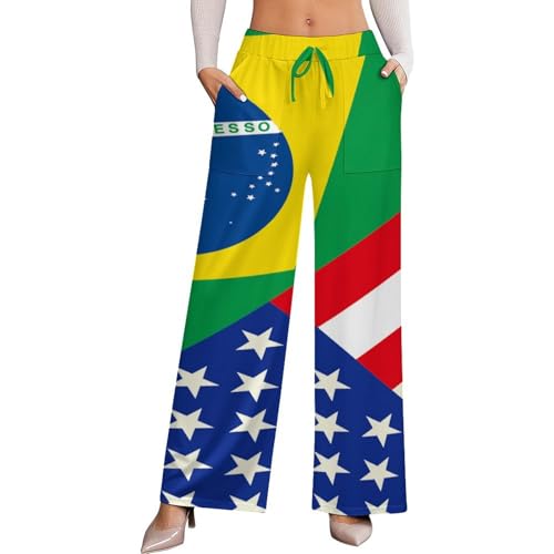 XYBWLCA American and Brazil Flag Casual Pants with Wide Legs and High Waistband, Women's Wide Leg Pants L