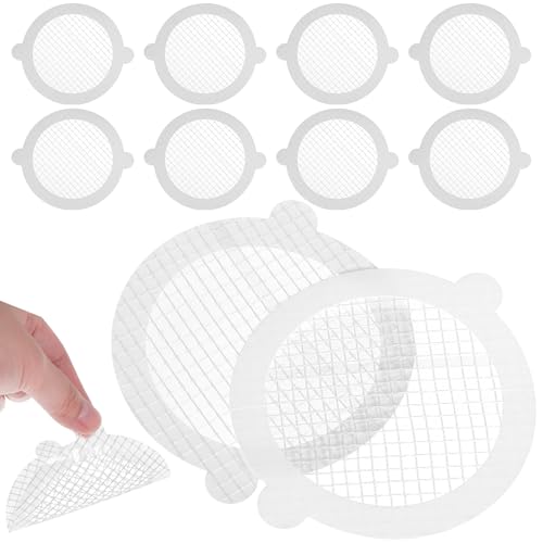 LOORGVEL Cubiertas Desechables para Desagüe de Ducha 25 Piezas, Filtro de Drenaje de Piso Adhesivo, Recogedor de Pelos para Baño, Red Blanca Circular Doble Oreja Ø90mm, Accesorio