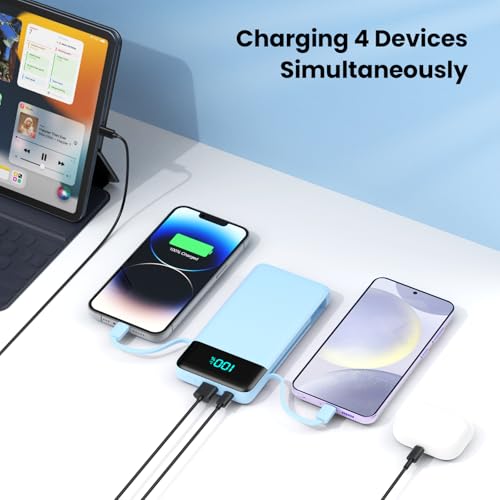 Image of Portable Charger for iPhone,13800mAh Slim Power Bank with Built-in Cables & AC Wall Plug,All in One 4 Outputs USB C Fast Charging Battery Pack Travel Essential for iPhone 17 /16 /15 /14,Android(Sky Blue)