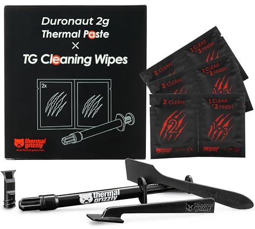 Thermal Grizzly - Duronaut - Enhanced Durability & High Performance Thermal Paste - for Maximum Conductivity While Overclocking CPU/GPU/PS4/PS5/Xbox with 12 Cleaning Wipes 6 Wet & 6 Dry (2g + Wipes)