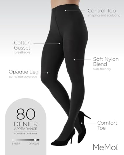 Image of MeMoi Completely Opaque Control Top Tights for Women, Comfortable Control Top Tights, 80 Denier - Sizes Small to Q2