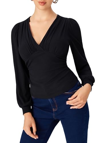 CIDER Wrap Tops for Women Long Sleeve V Neck Business Casual Outfits Ruched Pleated Going Out Blouse Fall Trendy4