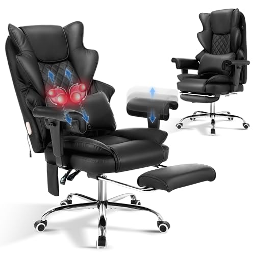 TonghuaS 3D Kneading Massage Heated Office Chair with Foot Rest, 90-135° Reclining & Adjustable Armrest Desk Chair with Lumbar Pillow, Ergonomic Reclining Computer Gaming Leather Chair(Black)