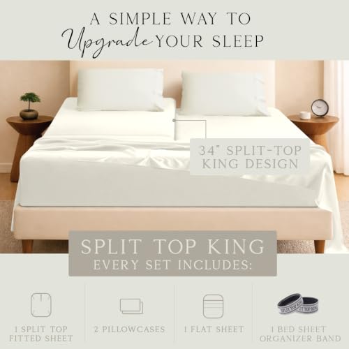 Image of KARISSA MAE Bamboo Viscose 34 inch Split Top King Size Sheet Set, FSC Certified | Single 34 inch Split Fitted Sheet | Sleep Number & Adjustable Bed | Cooling | 18 inch Deep Pocket w / Corner Straps [Ivory]