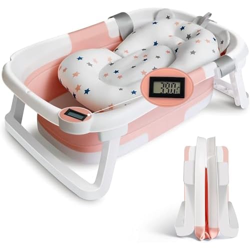 Befol Collapsible Baby Bathtub for Infants to Toddler, Portable Travel Bathtub Multifunctional Bathtub with Drain Hole, Baby Folding Bathtub for Newborn 0-36 Month (Blue+Floating Baby Bath Cushion Pink