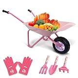Altdorff Kids Wheelbarrow Set Metal, Child Wheel Barrel Pink Easy to Assemble and Kids Gardening Tools Kit, Garden Toys with Small Wheel Barrow, Outdoor Indoor Toys Gift for Girls