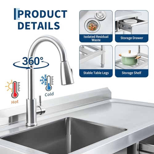 Stainless Steel Utility Sink with Workbench & Drawer, 39x20 in Freestanding Single Bowl Kitchen Sink with Pull Out Faucet, Hot and Cold Water Pipes for Garage Basement Shop