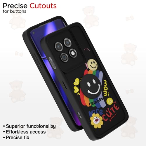 Image of Pikkme Back Cover for OnePlus 11 5G | Soft Silicone| Cute Rainbow Smile & 3D Cartoon Flower Design | Shockproof Raised Camera Protection Bumper Case (Black)