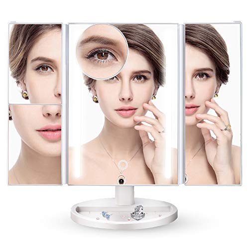 Vanity LED Makeup Mirror, Trifold built-in 2 Strips Adjustable Lights 3x Magnification with Touch Screen and USB Charging /Battery Operated, 180-Degree Adjustable Stand Cosmetic Bathroom Mirror(White)
