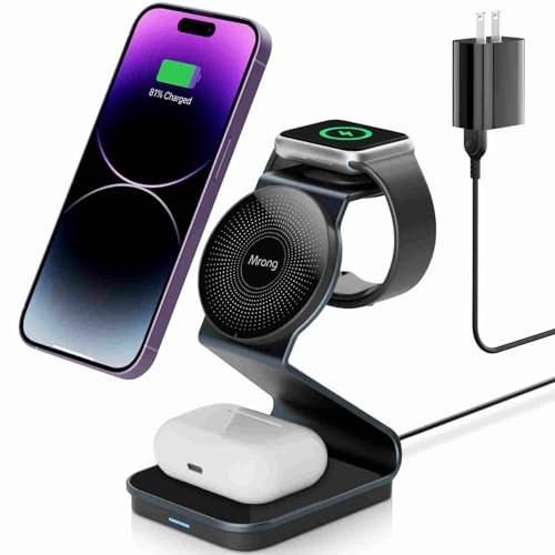 3 in 1 Wireless Charger Stand Aluminum Alloy Wireless Charging Station Compatible with iPhone 15/14/13/12 Series iWatch AirPods Multiple Devices(Cable and Adapter Included)