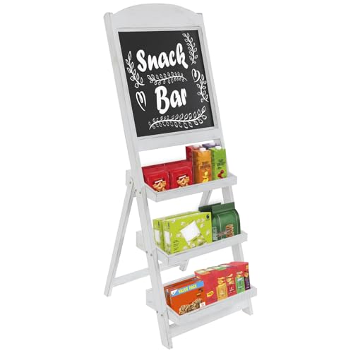 MyGift Vintage White Wood Freestanding Chalkboard Easel with 3-Tiered Display Shelves, Decorative Chalkboard Plant Shelf Stand