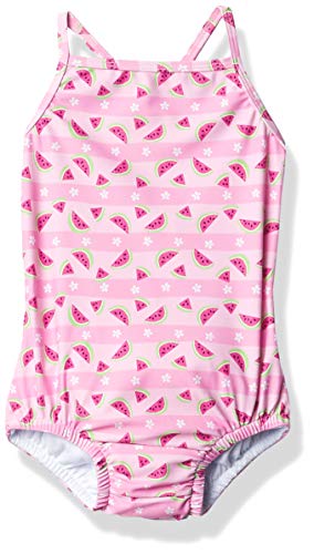i play. by green sprouts Girls' One-Piece Swimsuit with Built in Reusable Swim Diaper, Light Pink Watermelon Stripe, 12mo