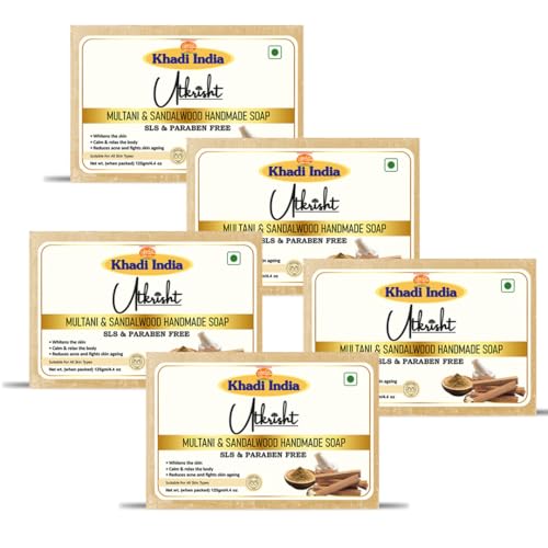 Image of Khadi Multani & Sandalwood Handmade Bathing Soap Bar 125g (Pack of 5) | Natural & Herbal | Hydrating, Glowing & Brightening | For Skin Pores & Wrinlees | All Skin Types | For Men & Women