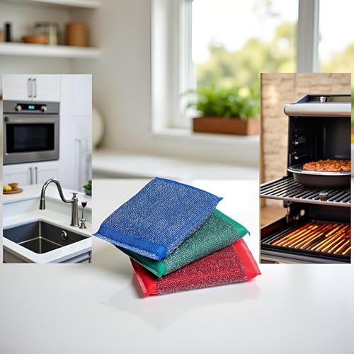 Image of 3Pcs Muticolor Iron Scouring Pads - Incredibly Tough, Heavy Duty and Long-Lasting Scrubbing Sponges. for Pots, BBQ Grills, Microwaves and Stovetops Household Cleaning Sponges (Blue, Green, Red)