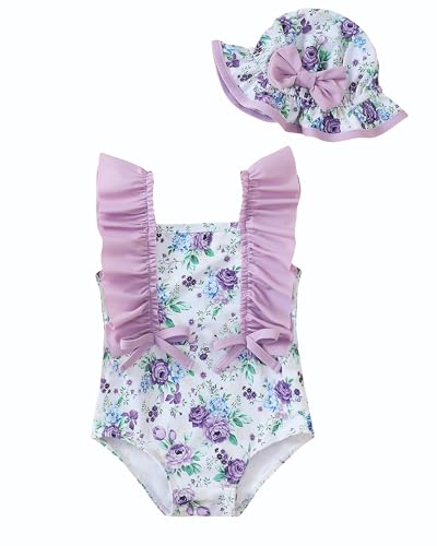 Image of Toddler Girl Swimsuit Baby Girl Bathing Suit Long Sleeve Floral Zipper One-Piece Rash Guard Swimsuit with Hat