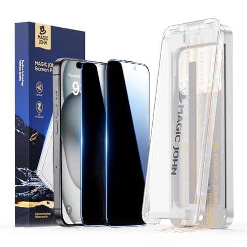 MAGIC JOHN 3rd Gen Upgraded for iPhone 15/iPhone 16 Privacy Screen Protector 6.1 Inch 25Anti-Spy Screen Shockproof Tempered Glass Auto Dust-Removal Bubble Free Easy Installation 2 Pack