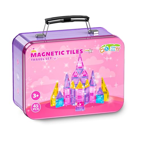 SKTMYY Travel Magnetic Tiles Set for Girls,Pink Mini Portable Magnet Toys with Iron Case,Travel Toys for Kids Ages 4-8,Ideal Toddler Birthday Valentines Day Gifts