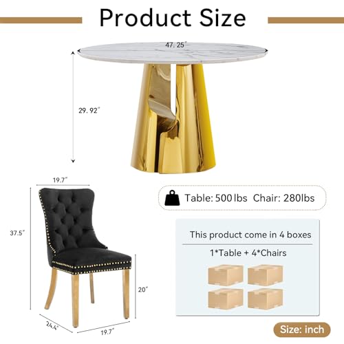 Image of 5-Piece Round Dining Table Set for 4, Modern Faux Marble Kitchen Table and Black Velvet Chairs Set of 4, Luxury 45 inch Circle White Gold Dining Room Tables with Stainless Steel Base