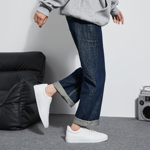 Image of Rominz Men's White Tennis Shoes PU Leather Fashion Sneakers | Faux Leather, Water Resistant, Easy to Clean, Easy to Style ,Soft Comfortable, Non-Slip Sole