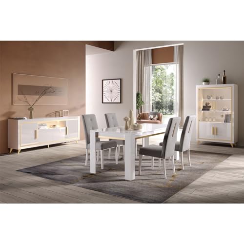 AltoBuy Jemma - Ensemble Séjour Complet Blanc Décor Doré Table 190cm + Buffet et Vitrine avec LEDs