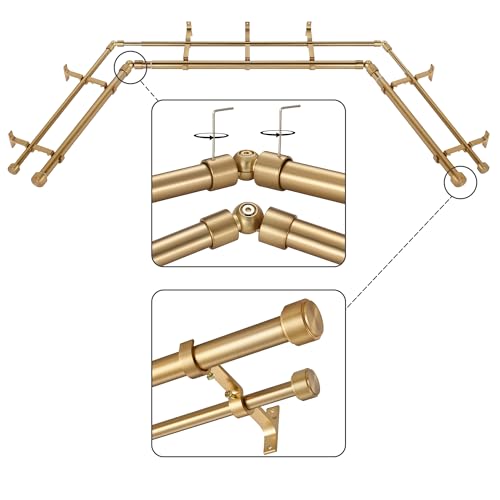 Mayrhyme Warm Gold Double Corner Window Curtain Rods with Aluminum End Cap Finials and Brackets...