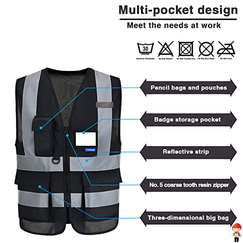 Image of High Visibility Reflective Vest, Mic Tabs, Front Zipper, Black, S | Black S work vest with 7 pockets, front zipper and reflective strips for security and warehouse work; for men and women.