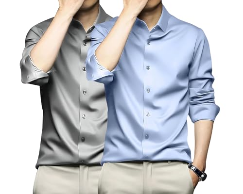 Image of DEELMO Combo of Men's Stylish Solid Satin Casual Shirt for Men Full Sleeves| Poly Satin Silk Shirt Pack of 2