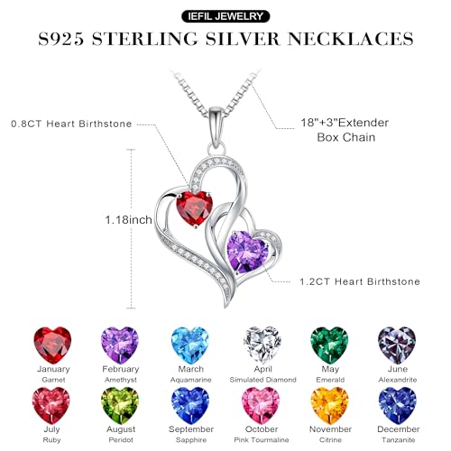 Iefil Mothers Day Gifts - Birthstone Necklace for Women - 925 Sterling Silver Double Birthstone Heart Necklace | Anniversary Birthday Gifts for Women | Personalized Gift | Jewelry Gift for Wife Mom - Image 5