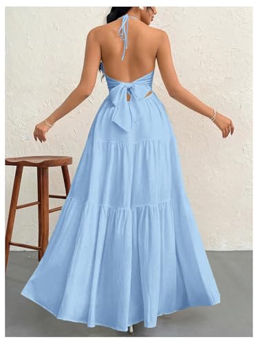Image of SHENHE Women's Deep V Neck Tie Knot Backless Halter Dress A Line Flowy Ruffle Maxi Dress