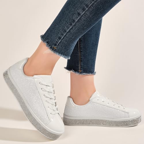 Image of UUBARIS Women's Glitter Tennis Sneakers Neon Dressy Sparkly Sneakers Rhinestone Bling Wedding Bridal Shoes Shiny Sequin Shoes