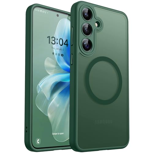 Image of CANSHN Designed for Samsung Galaxy S24 Plus Case [Full Camera Protection] [Compatible with MagSafe] Translucent Matte Shockproof Protective Phone Cover 6.7 Inch - Deep Green