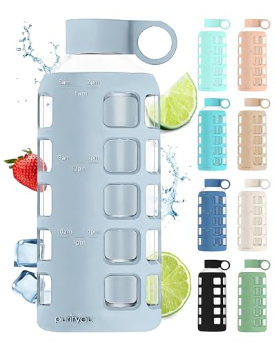 purifyou 40oz / 32oz / 22oz / 12oz Borosilicate Glass Water Bottle with Time & Volume Markers, Silicone Sleeve, Stainless Steel Lid | Reusable Glass Bottle for Water & Juice (22oz Ice Blue)