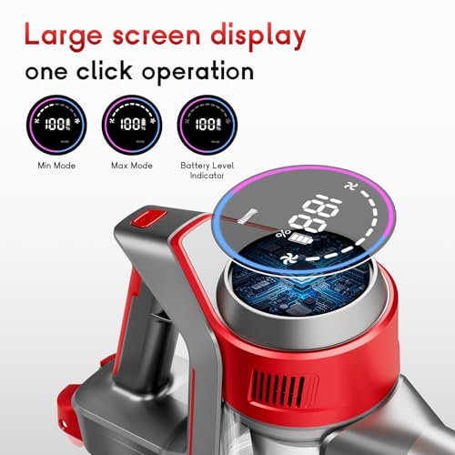Image of BSNAW Cordless Stick Vacuum Cleaner - Rechargeable, 35Kpa Powerful Vacuums with Detachable Battery, LED Display, 45Mins Runtime, 8 in 1 Handheld Vacuum for Hardfloor & Carpets Pet Hair, Red