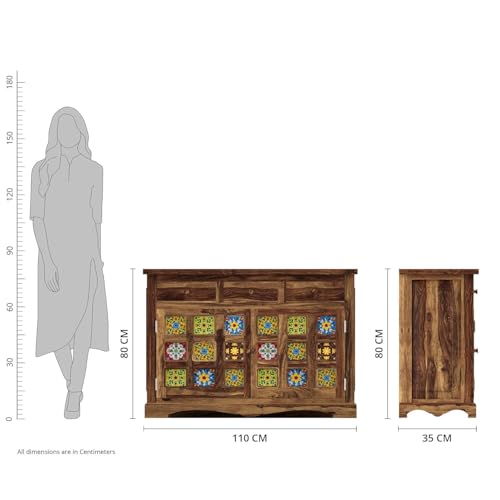 Image of SHIKHA WOOD CRAFT Solid Sheesham Wood Sideboard Cabinet with 2 Doors and 3 Drawers Storage | Wooden Kitchen Cabinet, Crockery Unit, Dining Room Organizer, Living Room Storage Furniture (Honey Finish)