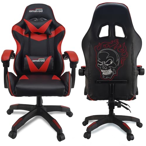 Amstrad AMS-800-RED-SKRED Fauteuil/Chaise de Bureau Gamer Coloris Noir & Rouge - Design au Dos Tête de Mort